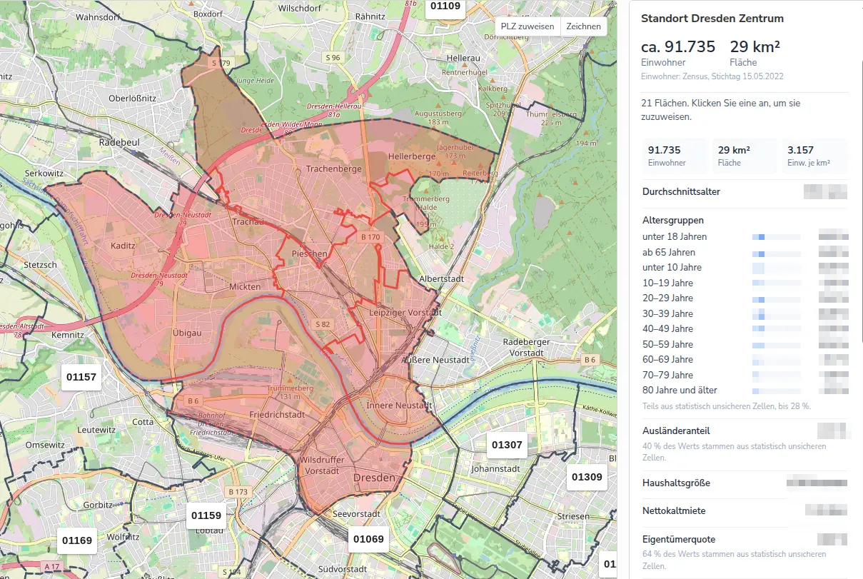 Standortanalyse mit Gebiet, Postleitzahlenkarte und Kennzahlen im Gebietsmanager